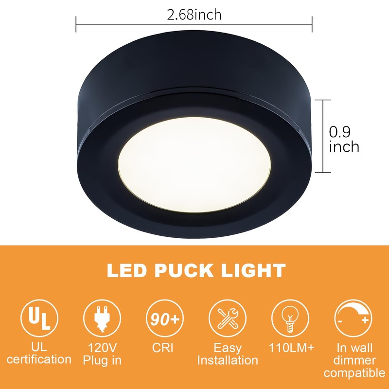 LUMILAND Wired LED Puck Lights 120V (2.7Wx3) Plug-in Lighting Warm