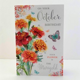 Jonny Javelin Female On Your October Birthday Card - Marigold Flowers & Butterflies