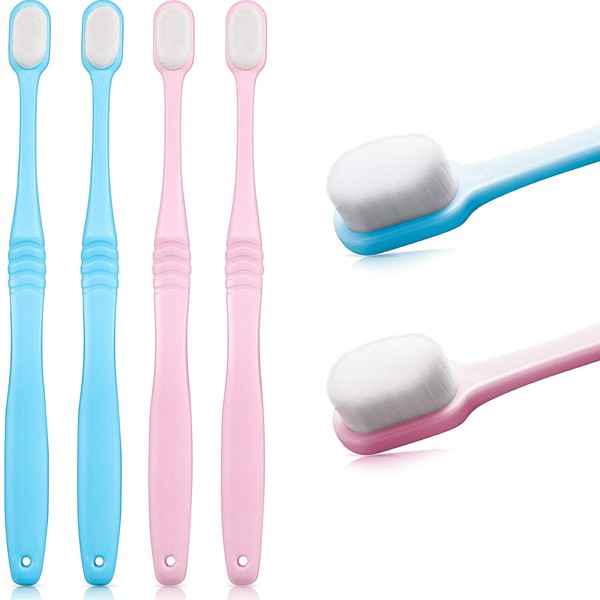 4 Pieces Soft Micro-Nano Manual Toothbrush Extra Soft Bristles Toothbrush with 20,000 Bristles for Fragile Gums Adult Kid Children (Blue, Pink)