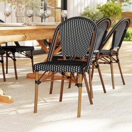 Martha Stewart Lily Pond Indoor-Outdoor Stackable Aluminum Bistro Chair with Natural Woodgrain Frame Finish and Black/White Woven Rattan Backrest and Seat
