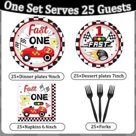 Fast One Birthday Decorations for Boys Racing Car 1st Birthday Party Supplies Fast One Plates Napkins Forks Checked Race Car Disposable Paper Plates Tableware Set for Kids Favors Serve 25