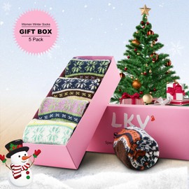 LKV 5Pack Vintage Free Size Fuzzy Socks Soft Thick Cold Knit Wool Crew Warm Socks for Women Winter Multicolor Christmas Womens Socks Gift Box