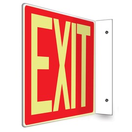 Accuform PSP227 Projection Sign 90D, "EXIT", 8" x 12" Panel, 0.10" Thick High-Impact Lumi-Glow Plastic, Pre-Drilled Mounting Holes, Glow on Red