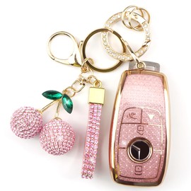 Rayslesan Sparkly Key Fob Cover with Cherry Keychain, Bling TPU Smart Key Case for Women, Compatible with Benz E, S, C, G, A Class CLA CLS GLA GLC GLE GLS SLC SL GLK GL SLK GT (4-Button, Gold Pink)