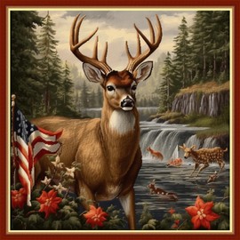 Foxhool Beginners Cross Stitch Kits Stamped Full Range of Embroidery Kits for Adults DIY Cross Stitches kit Embroidery Patterns for Needlepoint kit-Deer National Flag 17.7x17.7 inch