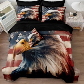 Dreamwaka Eagle King Bed in a Bag American Flag Comforter Set Wildlife Home Decor Down Comforter Black Sheet Set 8 Pcs Soft Microfiber with 1 Cushion Cover
