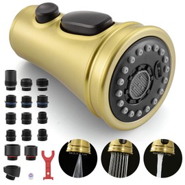 Kitchen Faucet Spray Head Replacement - Pull Down Faucet Sprayer Head with 15 Adapters, 3-Function Kitchen Sink Faucet Head, Replacement Pull Out Faucet Head Nozzle, Brushed Gold