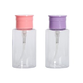 2Pcs Leak-Proof & Portable Push Down Pump Dispenser Bottles: Refillable Clear Containers for Nail Polish, Makeup Remover, Travel, Salon, Hospital Use (2, Clear Pink+Clear Purple)