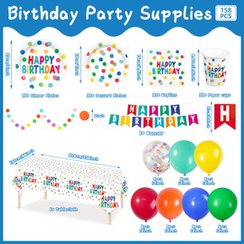 Detanpoly 158pcs Happy Birthday Party Plates and Napkins Polka Dots Birthday Party Supplies Colorful Tablecloth Banner Balloons Paper Cup Disposable Tableware Set Girls Boys Serve 30 Guests