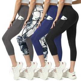 MaaGcc High Waisted Yoga Leggings for Women 4 Pack - Tummy Control Workout Capris with Pockets (US, Alpha, Medium, Regular, Regular, Gray+ Ink and Wash Print +Navy Blue +Black)