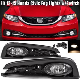 YLT Auto For 2013 2014 2015 Honda Civic Sedan Bumper Clear Fog Lights Lamp w/Wiring Pair