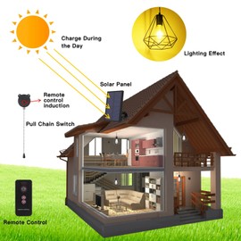 YUMAMEI Solar Pendant Lights, Solar Powered Shed Light with Pull Cord and Remote for Outdoor Indoor, Solar Chandelier, Gazebo Lights with Adjustable Panel for Yard Patio Balcony Barn Garage