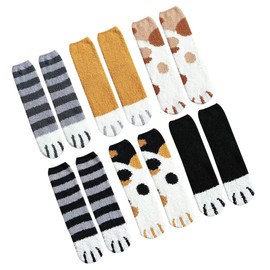 Beavorty 6 Pairs Warm Coral Fleece Cat Paw Pattern Socks of Fluffy Slipper Socks for Home Use Comfortable Thickened Sleep Mixed Styles for Cozy Nights