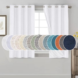 PrinceDeco 100% Blackout Linen Textured Curtains for Bedroom Solid Thermal Insulated with White Liner Room Darkening Burlap Grommet Textured Curtains for Livng Room,52" W x 54" L,Pure White