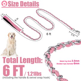 HOMIMP Chew Proof Dog Leash for Medium Large Dogs, Reflective 6 FT Heavy Duty Metal Chain Dog Leashes with Soft Padded Handle, Anti Bite Durable Rope Leashes for Pitbull, Non Chewable, Light Pink