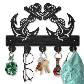 MAYJOYDIY Wooden Key Holder with Anchor Steering Wheel Nautical Sailor Jam Wall Mounted Key Hooks 30 x 20 cm with 5 Alloy Hooks for Entrance Area Front Door Kitchen Office Decoration