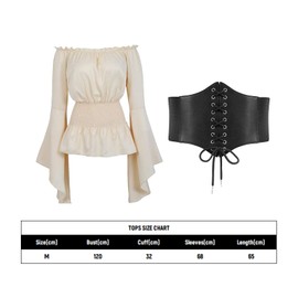 ASFWAGQ Medieval Blouse Women's Gothic Steampunk Top Medieval Clothing Renaissance Costume with Belt Shoulderless Trumpet Sleeves for Carnival Pirate Cosplay (Apricot, M)