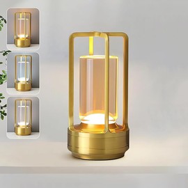 Cordless Table Lamp, LED Touch Metal Bedside Lamp, 3-Colour Infinitely Dimming, Rechargeabl Small Desk Lamp for Bedroom/Restaurant/Bar/Coffee Shop/Camping Light (Gold)