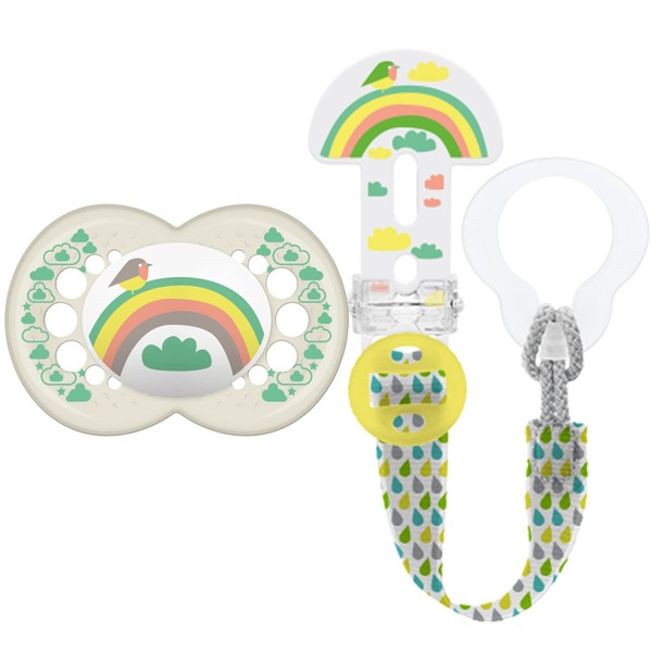 MAM Rainbow Set (Clip It & 6+M Soother) Blister, Baby Essentials Set for 6 Months and Older, Soother Clip and Soother Set, Rainbow