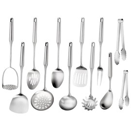 304 Stainlss Steel Kitchen Utensils Set, 12 Pcs Long Metal Utensils Set with Potato Masher, Spoon, Ladle, Skimmer, Turner, Pasta Server, Tongs etc(Dishwasher Safe)