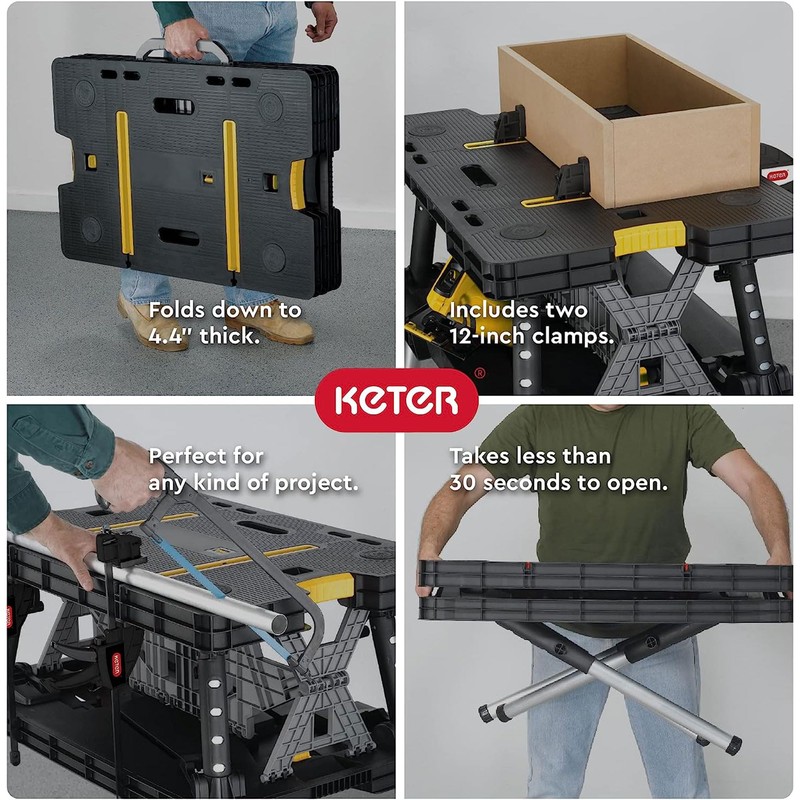 Keter Folding Work Table, Portable Workbench w/ 12" Clamps for