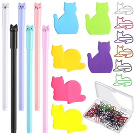 42-Piece Cute Cat Writing Paper Set 6 Coloured Cute Cats Sticky Notes 30 Pieces Cat Paper Clips and 6 Cute Cat Pens Gift for Cat Lovers Beautiful Office Desk Accessories