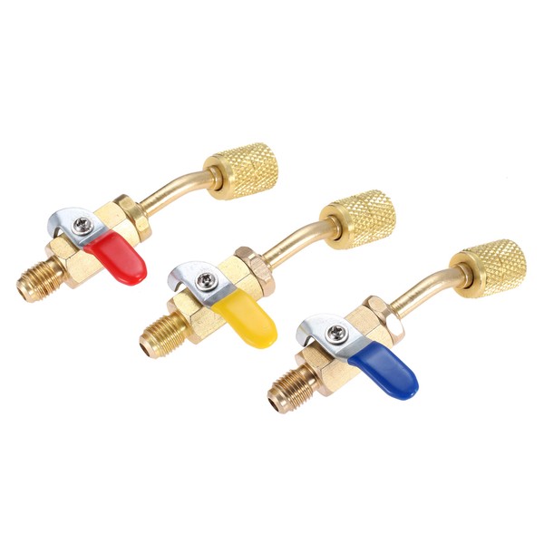 Aupoko R410A Angled Compact Ball Valve 5/16’’ SAE Female to 1/4’’ SAE Male, 3 Colors Shut-Off Ball Valve Adapters, for HVAC Air Conditioning Refrigerant R134A R12 R22 R502