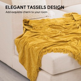 RECYCO - Manta de chenilla suave y acogedora con flecos de borla para sofá, silla, cama, sala de estar, regalo (amarillo mostaza, 127 x 152 cm)