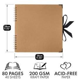 Bstorify Large Scrapbook, 11 x 11 inch, 40 Sheets (80 Pages) Brown Thick 200 GSM Kraft Paper, Memory Book, Ribbon Closure - Ideal for Your Scrapbooking, Art & Craft Projects