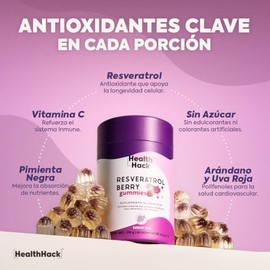 Health Hack Resveratrol en Gomitas, Berry Stack con 200 mg de Resveratrol, 300 mg Açaí, 250 mg Arándano, Semilla de Uva y Vitamina C, Sabor Uva, Sin A