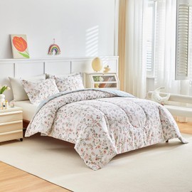 Joyreap 3pcs Floral Cotton Comforter Set for Girls, Flowers White n Blue Reversible Design, Queen Size Soft n Cozy Kids Bedding Comforter for All Season- 88x88 inches