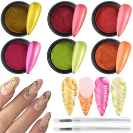 Fcozpjk Chrome Nail Powder Set Red Green Gold Mirror Effect Nail Glitter Powder 6 Colors Metallic Chrome Powder for Nails With 2PCS Silicone Applicator Brushes Christmas Nail Design