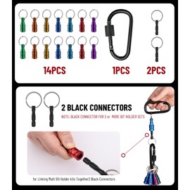 Katerk Portable Bit holder Keychain 14pcs Holders and 2pcs Connection Rods, 1/4 inch Hex Shank Screwdriver Bits Retainer, Quick Realease Bar Drill Screw Adapter Lightweight
