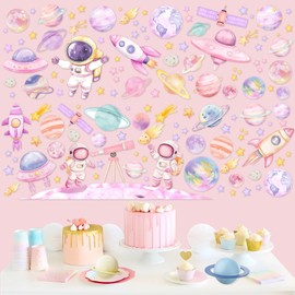 Kreatwow 2pcs Outer Space Wall Stickers for Girl Outer Space Wall Decorations Pink Astronaut Space Wall Decal Solar System Birthday Decoration Galaxy Rocket Wall Clings Stickers Space Party Home Decor