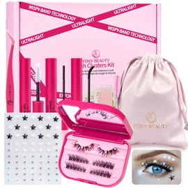 Lash Clusters Kit with Self Adhesive Pearl Stickers Natural Lash Clusters Left Right Lash Extension Kit with Bond Seal Eyelash Kit Gift Set with Drawstring Bag Portable Starter Kit Birthday Gift Women