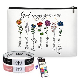 FIDWALL Christian Bible Verse Bracelets with NFC & Inspirational Makeup Bag, Daily Scripture Bracelets for Women (Black & Pink), Encouraging Christian Gifts for Her (Floral Blossoms)