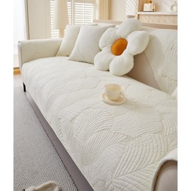 vctops Cotton Quilted Soft Couch Cover Neutral Leaf Embroidery Sofa Cover Anti Slip Sectional Couch Covers Washable Sofa Slipcover for Dogs, Children, Pets Furniture Protector (Beige White,28"x28")