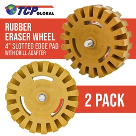 TCP Global Rubber Eraser Wheel with Drill Adapter (2 Pack) - 4” Knobby Slotted Edge Pad - Decal Remover Wheel - Sticker Remover Tool - Removes Adhesives on Car, Auto, Boat, RV & Signs