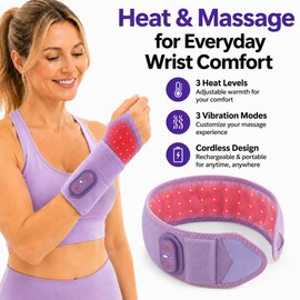 Cordless Wrist Heating Pad with Massage, Heated Wrist Wrap with Red Light, Wrist Massager for Carpal Tunnel, 3 Heat Levels & 3 Massage Modes, Arthritis & Tendonitis, Left or Right Hand