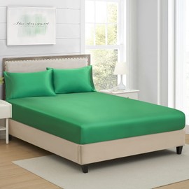 California King Silk Satin Fitted Sheet, Soft Deep Pocket Single Bottom Bed Sheets Sold Separately, Wrinkle Free, Non- Fading, Breathable, Fully Elasticized(Cal King Size, Green)