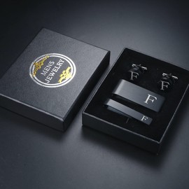 Morfetto 4Pcs Black Stainless Steel Engraved Initial Cufflinks and Tie Bar Money Clip Set Tie Clip with Gift Box for Best Man Groom Wedding Business Letter F