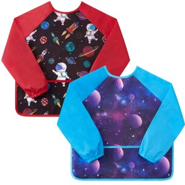 2 Pack Kids Art Smocks - Toddler Smock Kids Apron Boys Painting Artist Smocks Space Astronaut Cooking Baking Gardening Waterproof Artist Painting Aprons for Children with Long Sleeve Pocket Age 3-8