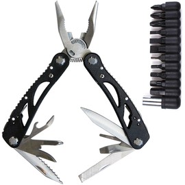 9-in-1 Pocket Multi-Tool with Steel Blade Knife & 12 Bit Set - Color: Black