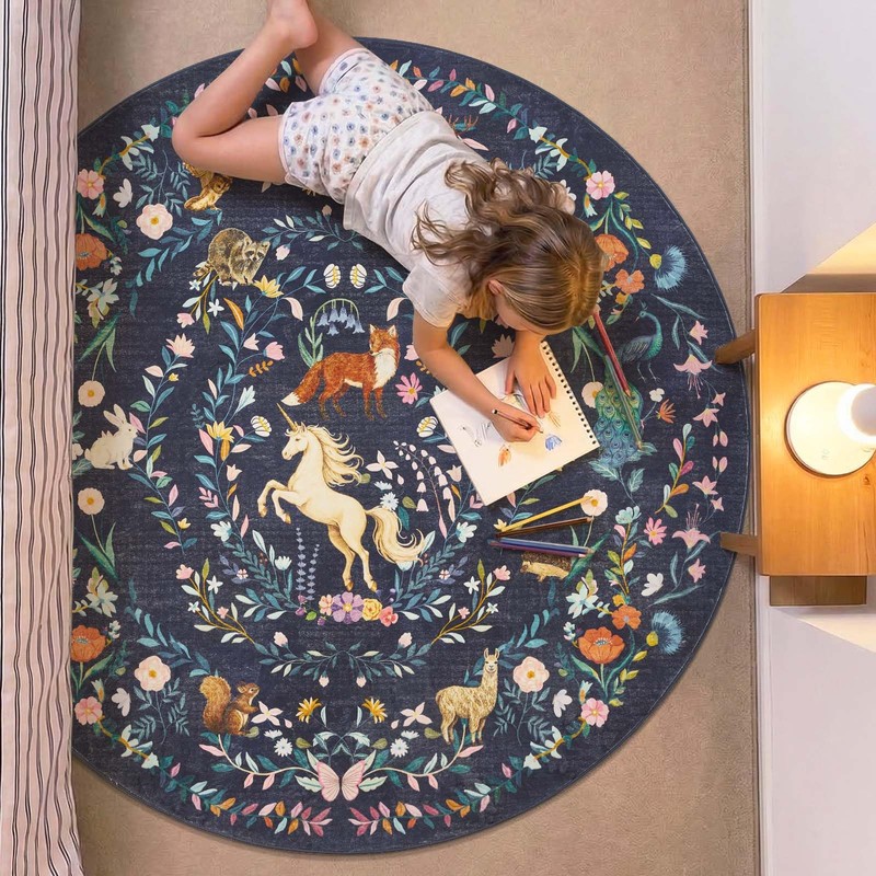 6ft Round Rug Washable Kids Rug Whimsical Playroom, Navy Blue