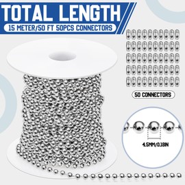 Yaocom 50ft 4.5mm Ball Beaded Chain with 50 Connectors for Roller Shade &Vertical Window Blinds, Dog Tag Chain, Jewelry Making/Crafts & DIY Projects(Silver)