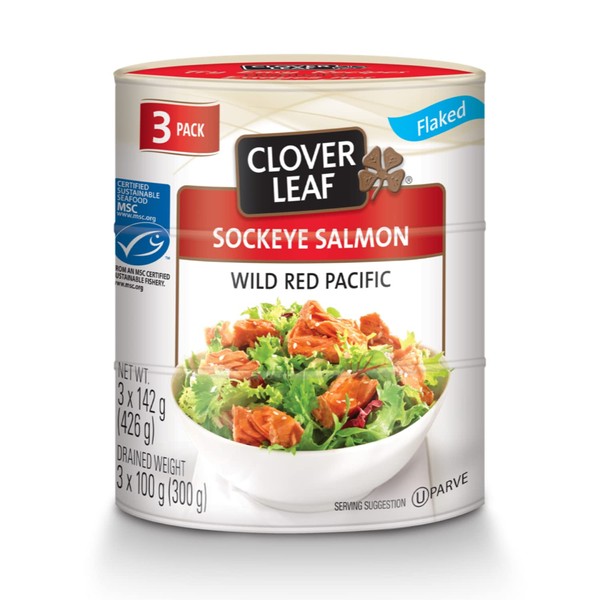Clover Leaf Flaked Sockeye Salmon Wild Pacific – 3 PACK (3x142g), 1 Count - Canned Salmon – Skin & Bones Removed – High in Protein - 13g Protein Per 55g Serving Drained – Source of Omega-3, Vitamin D