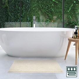 Beautissu Bath Mat Non-Slip 50 x 80 cm – BeauMare WR Chenille Bathroom Rug Suitable for Underfloor Heating – Fluffy Bath Mat for Shower, Bathtub and Toilet in Natural