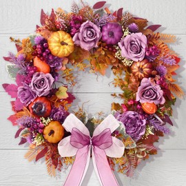 2 Pcs Fall Wreath Decor - 2024 Fall Wreaths for Front Door Outside with Blooming Silk Rose, Lifelike Fall Pumpkin Purple Berries & Bow, 18" Fall Door Wreath with Lights for Thanksgiving Door Outside