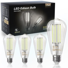 TJOY 4 Pack Vintage Edison LED Light Bulbs, Dimmable, 60W Equivalent, E26 Medium Base, 5000K Daylight, ST58, 8W, 800LM, Ultra-Bright, 80+CRI, Antique Decorative Filament, Clear Glass
