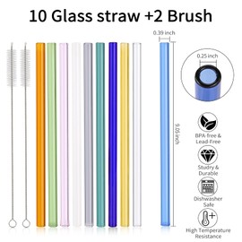 [10 Pcs] Reusable Glass Straws Shatter Resistant - 9" x 10 mm Multicolor Drinking Reusable Straws With 2 Cleaning Brushes for Coffee,Milkshakes,Juice Drinks